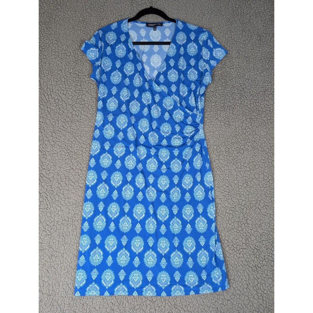 Jones New York Signature Dress Stretch Blue Paisley Size L Career Office Siren